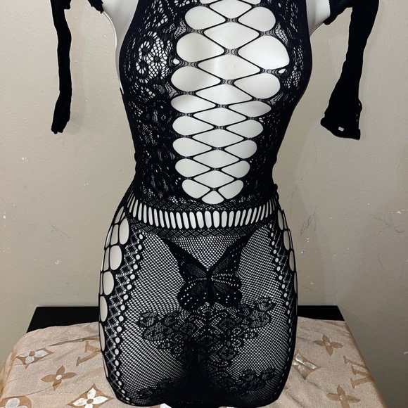 COPY - Fashion sexy hollow out body-con mesh see through dress with sleeves lin… - Picture 4 of 5